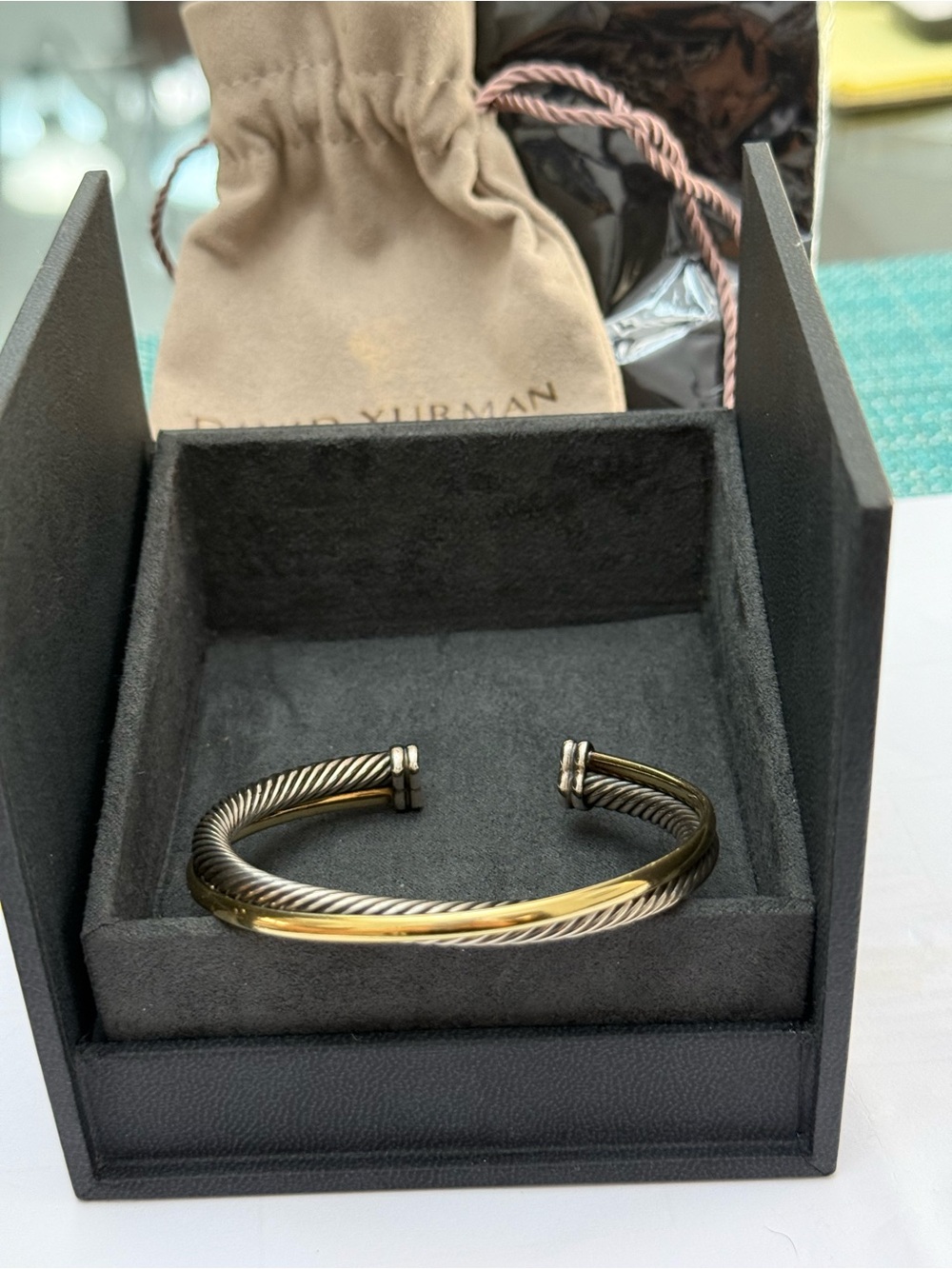 David Yurman Two-Tone Cable Cuff Bracelet in Sterling Silver and 18k yellow Gold